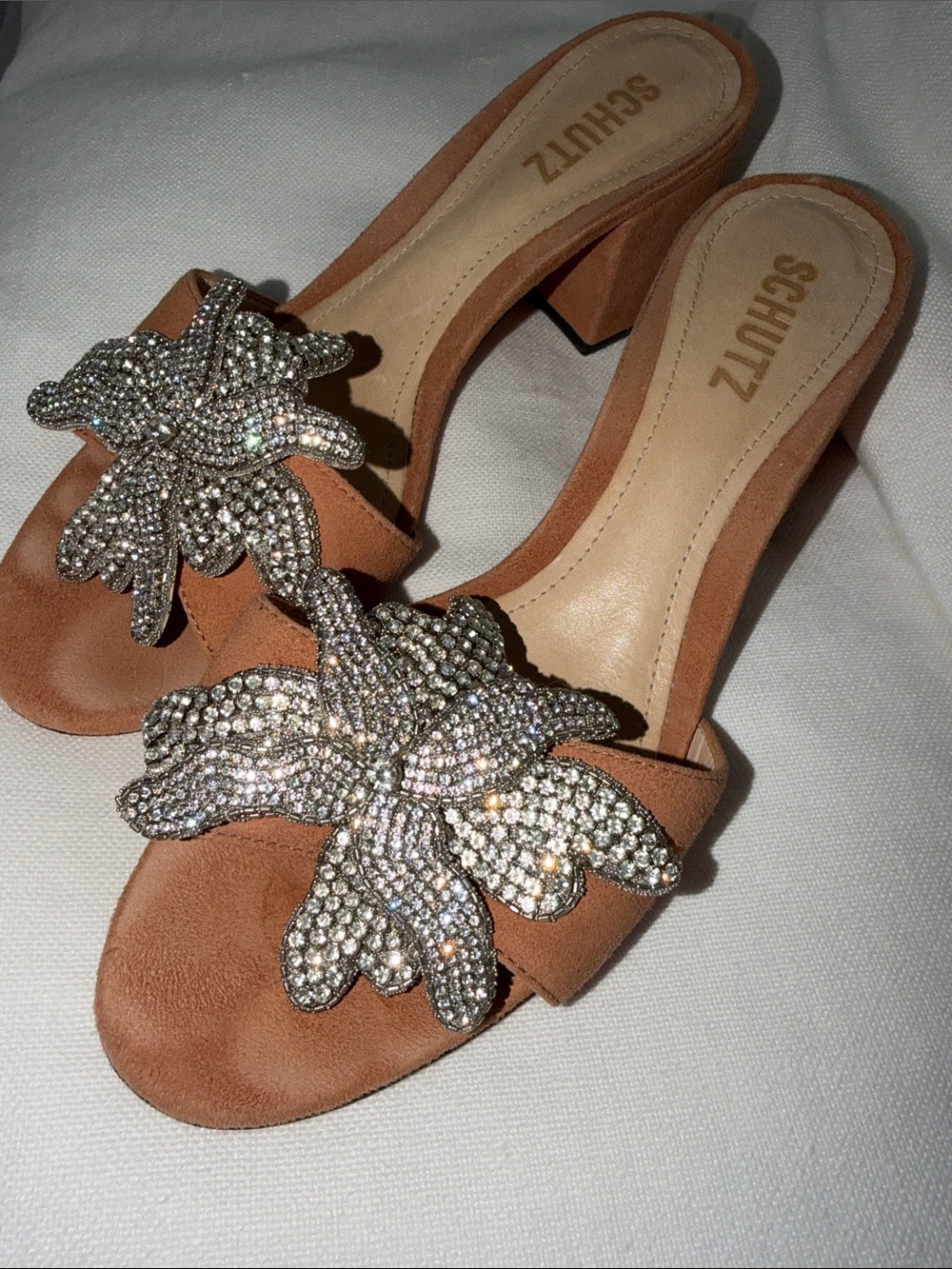 Schutz Ayanne Jeweled Flower Suede Block Heel Mule Sandals - Picture 4 of 5